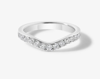 Alianza de boda de oro de 14 quilates con corte redondo curvo, anillo delgado y apilable, anillo minimalista de aniversario con diamantes, anillo de promesa, anillo nupcial a juego.