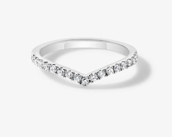 Alianza de boda curva de oro macizo de 14 quilates con delicados diamantes en forma de V engastados en pavé, anillo de compromiso a juego, anillo de aniversario, regalo para dama de honor.