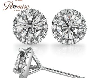 Round Halo Diamond Stud Earrings 14K White Gold | Brilliant Cut Pave Halo | Classic Bridal Gift, Everyday Luxury