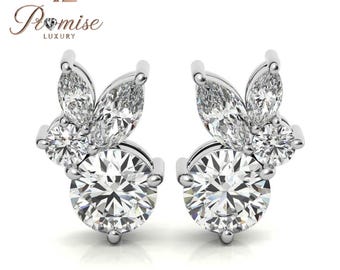 Round Double Halo Diamond Drop Earrings, 14K White Gold Dangle Studs — Bridal Wedding Earrings, Promise Luxury Jewelry
