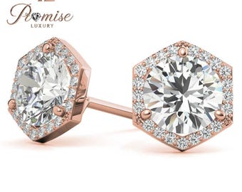 Elegant Hexagon Diamond Stud Earrings with Halo, 18K Gold Setting, Sparkling 1.5 Carat Total Weight - Luxury Gift for Special Occasions
