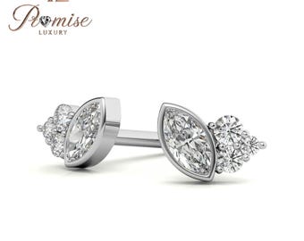 Marquise Diamond Cluster Stud Earrings, 14K White Gold — Trio Round Accent Stones, Minimalist Jewelry, Dainty Bridal Gift by Promise Luxury