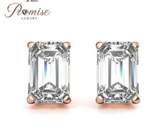 Stunning Emerald-Cut Lab Grown Diamond Stud Earrings with Rose Gold Prongs – Minimalist Luxury with Bold Brilliance