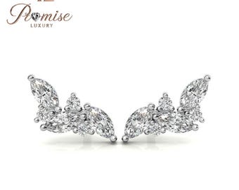 Elegant Diamond Ear Cuffs Luxury Silver Plated with Sparkling Marquise and Round Stones, Stunning Jewelry Gift Perfect for Special Occasions