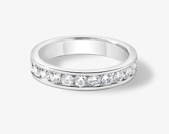 Alianza de eternidad con diamantes cultivados en laboratorio de talla redonda, engaste de canal para ella, apilable en oro de 14 k, delicada alianza con diamantes redondos para mujer.