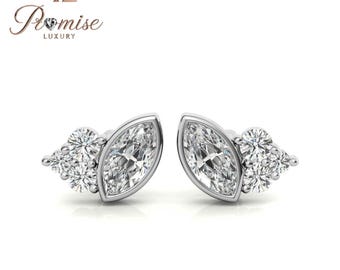 Luxurious Diamond Stud Earrings – Marquise and Round Cut Stones, Elegant White Gold Plated, Perfect for Gifts & Special Occasions