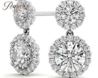 Double Halo Drop Diamond Earrings 14K White Gold | Round Brilliant Dangle Studs | Wedding Bridal Gift | Luxury Anniversary Earrings for Her