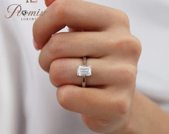 2.0 C.T Emerald Cut Lab-Grown Diamond Engagement Ring – Classic Solitaire in 925 Sterling Silver, Modern Minimalist Promise Ring for Her