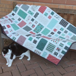 Op de afbeelding: Een wit quilt met een patchwork-ontwerp met vierkanten en rechthoeken in verschillende tinten rood, groen en zwart. Het quilt is gemaakt van verschillende stoffen met patronen zoals stippen, strepen en geometrische ontwerpen. Het quilt is over een houten bank gelegd met een zwart-witte kat die ervoor zit.