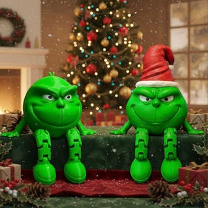 May include: Two green, cartoonish figures with articulated legs and arms. One figure wears a red Santa hat. The figures are sitting on a green surface with a Christmas tree in the background. The scene is decorated with gifts and holiday decor.