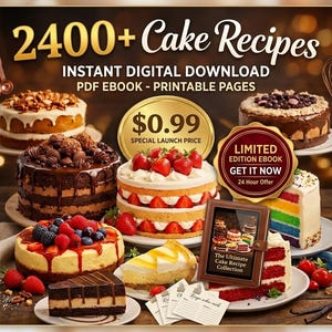 以下が含まれることがあります： 様々なケーキの写真。層状、フルーツトッピング、チョコレートケーキなど。テキストには「2400+ Cake Recipes」と「Instant Digital Download PDF Ebook - Printable Pages」と表示。タブレットには「The Ultimate Cake Recipe Collection」と表示。