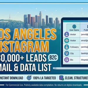 May include: A digital graphic featuring the text LOS ANGELES INSTAGRAM 230,000+ LEADS B2C EMAIL & DATA LIST. A laptop screen displays a table with columns for User Name, Public Email, and Followers, set against a Los Angeles city skyline.