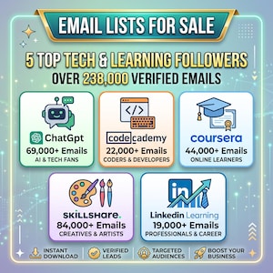 Op de afbeelding: Een digitale afbeelding met de titel EMAIL LISTS FOR SALE met 5 TOP TECH & LEARNING FOLLOWERS met OVER 238,000 VERIFIED EMAILS. Het toont iconen en e-mailaantallen voor ChatGPT, Codecademy, Coursera, Skillshare en LinkedIn Learning met tekst.