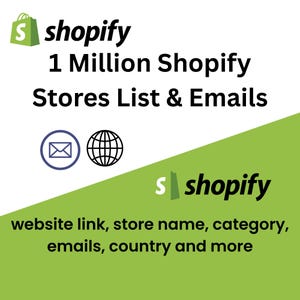 May include: A graphic with the Shopify logo and text: "1 Million Shopify Stores List & Emails." Includes icons of an envelope and a globe. Additional text: "website link, store name, category, emails, country and more."