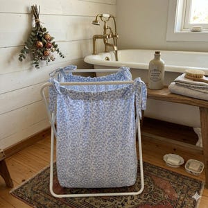 Blue Floral Cotton Laundry Bag Holder | Cottage Core Hamper, Shabby Chic Decor