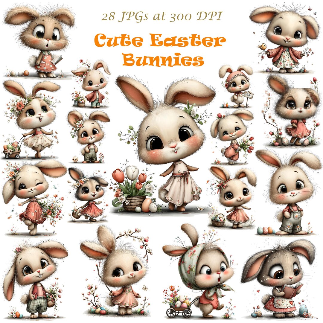 Watercolor Easter Bunny Clipart Bundle, Whimsical Rabbit Graphics (28 ...