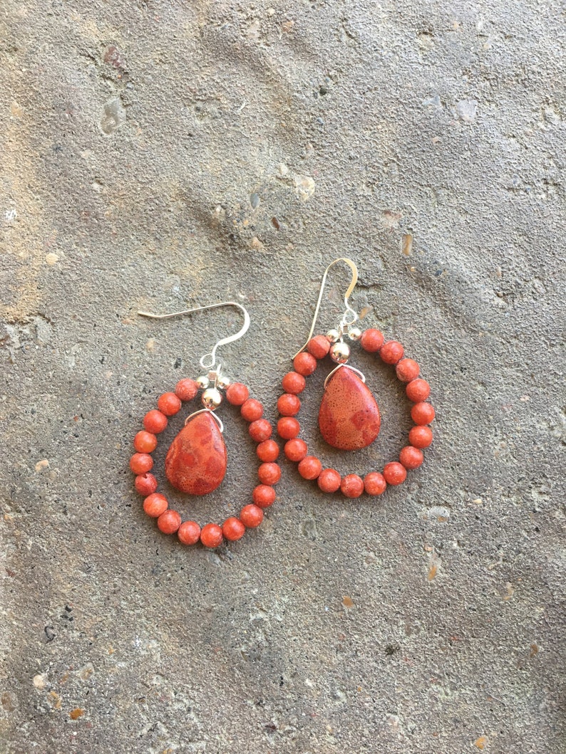 drop earringshandmade reddish orange sterling silver and sponge coral dangle earringslong beaded statement earrings women/'s gemstone