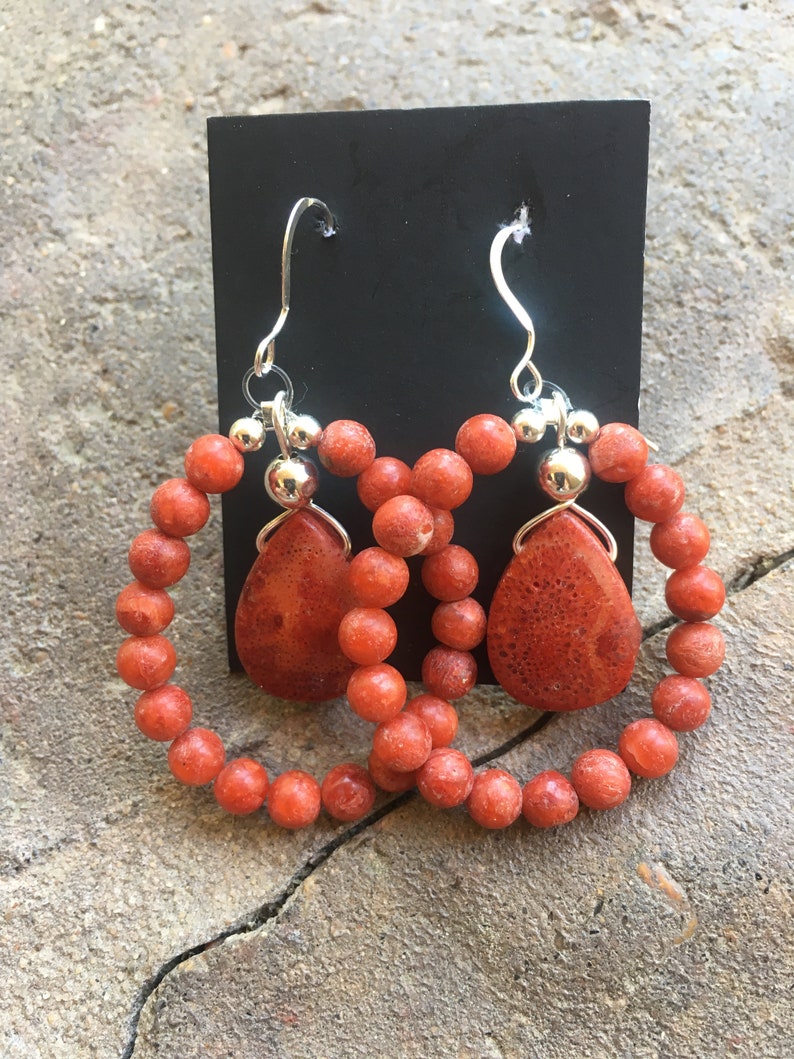 drop earringshandmade reddish orange sterling silver and sponge coral dangle earringslong beaded statement earrings women/'s gemstone