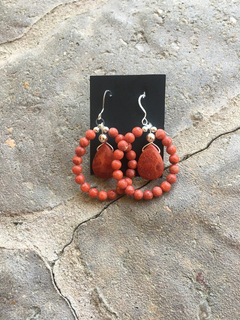 drop earringshandmade reddish orange sterling silver and sponge coral dangle earringslong beaded statement earrings women/'s gemstone