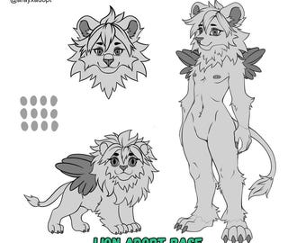León macho peludo antropoide adoptable (base), original, Chibi, para rol, hoja de referencia.