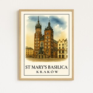 St Mary&#39;s Basilica Kraków Poster – Watercolor Printable Wall Art, Polish Cathedral Ink Drawing, Krakow Old Town Decor