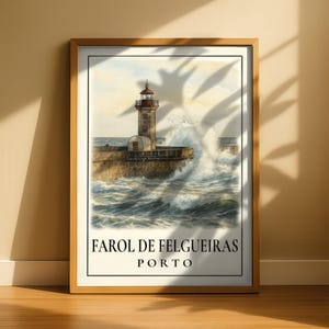 Impresión del Faro de Felgueiras: Arte mural del faro de Oporto, escena costera en acuarela, segundo ángulo, descarga digital