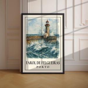 Cartel de Farol de Felgueiras – Arte de la pared del faro de Oporto, escena del océano de acuarela, impresión de Portugal