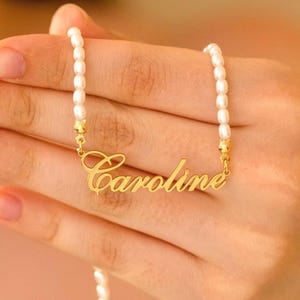 Custom Name Necklace with Pearl Chain, Pearl Name Necklace, Name Jewelry, Anniversary Gift, Gift for Mom, Gift for Wife, Gift for Her