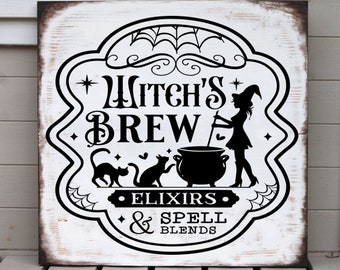 Halloween witch's elixirs hanging metal sign plaque