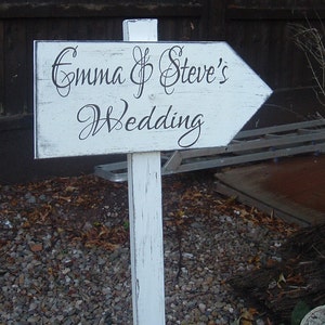 Large Shabby chic directional arrow this way plaque sign with stake vintage wedding bride and groom