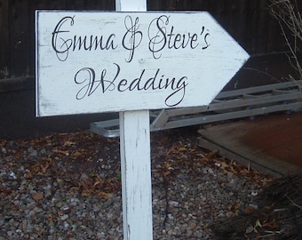 Large Shabby chic directional arrow this way plaque sign with stake vintage wedding bride and groom