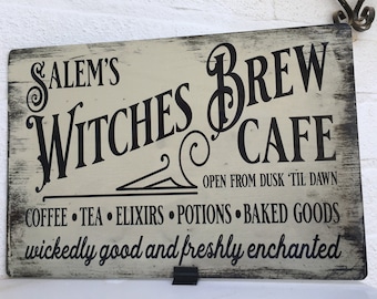 Halloween salem witched brew cafe metal sign plaque distressed shabby chic vintage sign