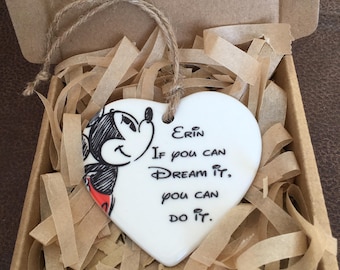 Personalized Mickey Mouse Ceramic Heart - Shabby Chic Hanging Gift
