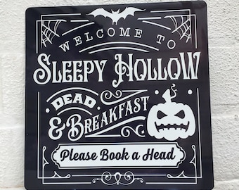 Rustic metal hanging halloween sleepy hollow dead & breakfast plaque