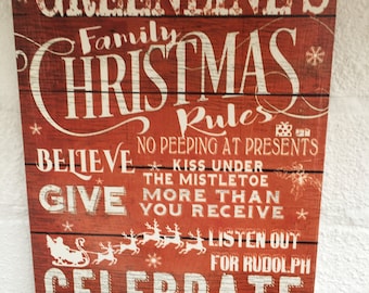 Personalized Family Christmas Rules Wooden Sign: Shabby Chic Decor