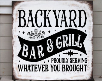 Rustic metal hanging backyard bar and grill bbq plaque sign