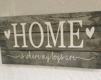 Rustic Home is where my boys are distressed rustic hanging wall sign plaque