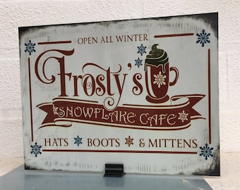 Rustic Metal Kringle Christmas Frostys Snowflake Cafe sign plaque distressed shabby chic vintage sign