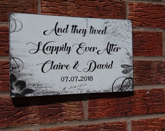 Wedding And They Lived Happile Ever After Personalised shabby chic distressed wooden sign plaque