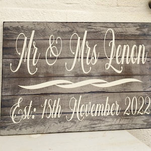 Rustic wedding bride and groom personalised wooden hanging sign plaque