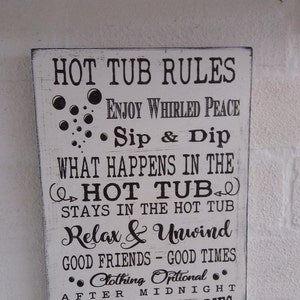 Shabby chic distressed metal outdoor hot tub rules sign plaque