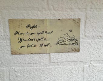 Rustic Winnie the Pooh & Piglet Metal Sign: How Do You Spell Love
