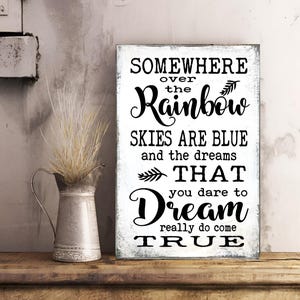 Somewhere over the rainbow skies are blue Inspirational rustic distressed shabby chic sign plaque