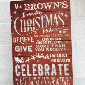Shabby chic Personalized Family christmas rules rudolph eat drink merry xmas gift metal sign plaque