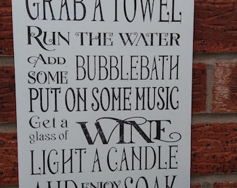 shabby chic bathroom rules grab a towel have a soak glass of wine wooden sign plaque