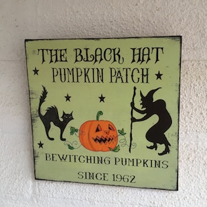May include: A green wooden sign with the text "The Black Hat Pumpkin Patch" and "Bewitching Pumpkins Since 1962". The sign features a black cat, a jack-o'-lantern, and a witch with a broom.