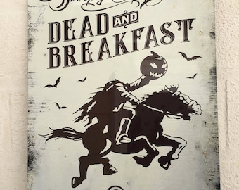 Halloween Sleepy Hollow Dead & Breakfast metal sign plaque distressed shabby chic vintage sign