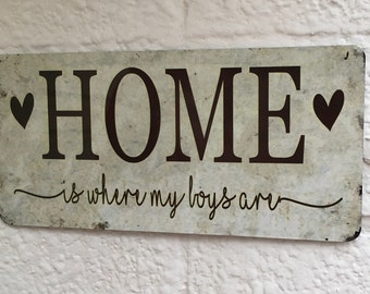 Home is where my boys are distressed rustic hanging metal wall sign plaque