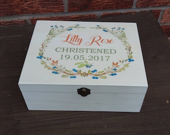 Christening Keepsake Memory Box personalized wooden box floral