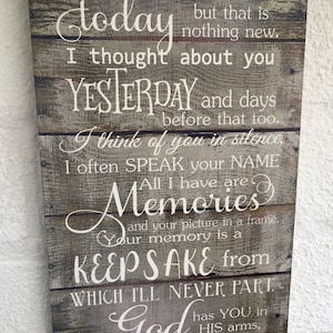 May include: Wooden sign with a weathered gray background and white script. The text reads "I thought of you today...yesterday...Memories...Keepsake...God...Heart."